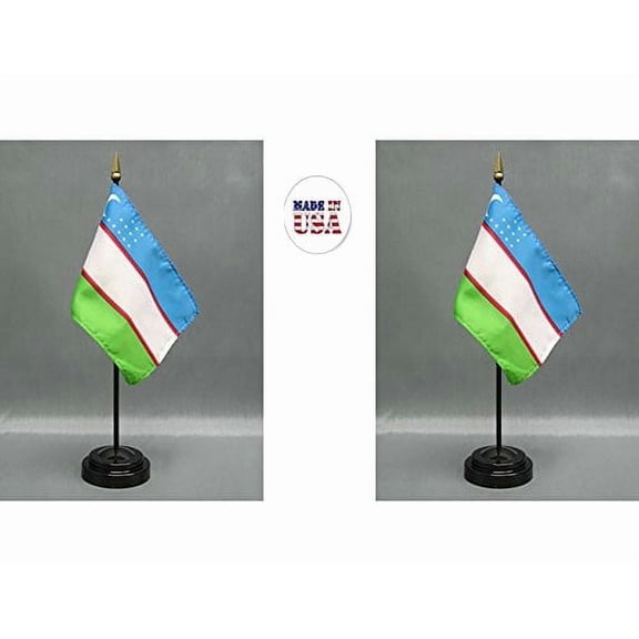 4x6 Uzbekistan Miniature Desk and Hand Waving Stick Flags, Includes 2 Flag Stands 2 Pack