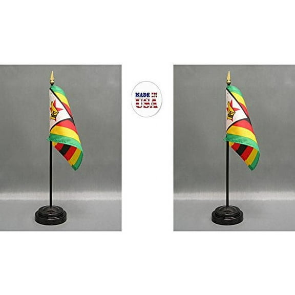 Made in The USA. 2 Zimbabwe 4"x6" Miniature Office Desk & Little Hand Waving Table Flags Includes 2 Flag Stands & 2 Zimbabwean Small Mini Stick Flags
