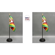 Made in The USA. 2 Zimbabwe 4x6 Miniature Office Desk & Little Hand Waving Table Flags Includes 2 Flag Stands & 2 Zimbabwean Small Mini Stick Flags