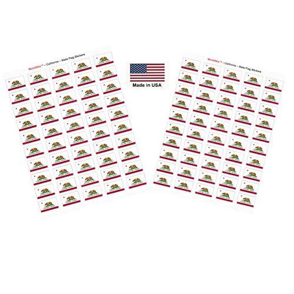 Made in USA! 100 California 1.5" x 1" Self Adhesive State Flag Stickers, Two Sheets of 50, 100 California Sticker Flags Total