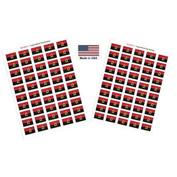 Made in USA! 100 Country Flag 1.5" x 1" Self Adhesive World Flag Stickers, Two Sheets of 50, 100 Sticker Flags Total (Angola)