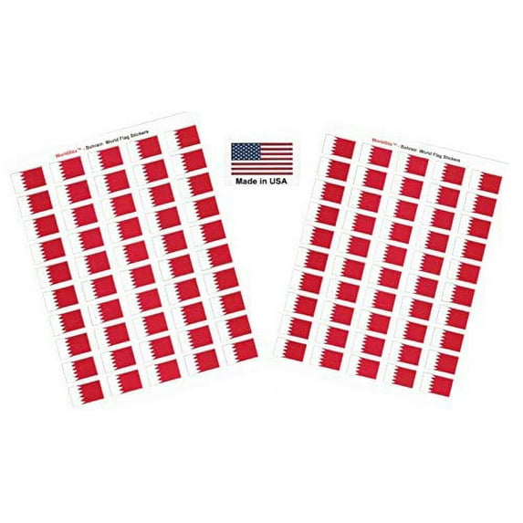 Made in USA! 100 Country Flag 1.5" x 1" Self Adhesive World Flag Stickers, Two Sheets of 50, 100 Sticker Flags Total (Bahrain)