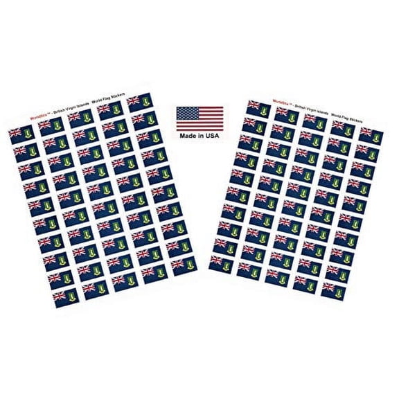 Made in USA! 100 Country Flag 1.5" x 1" Self Adhesive World Flag Stickers, Two Sheets of 50, 100 Sticker Flags Total (British Virgin Islands)