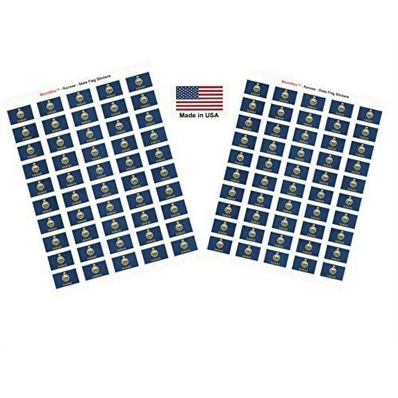 Made in USA! 100 Kansas 1.5" x 1" Self Adhesive State Flag Stickers, Two Sheets of 50, 100 Kansas Sticker Flags Total