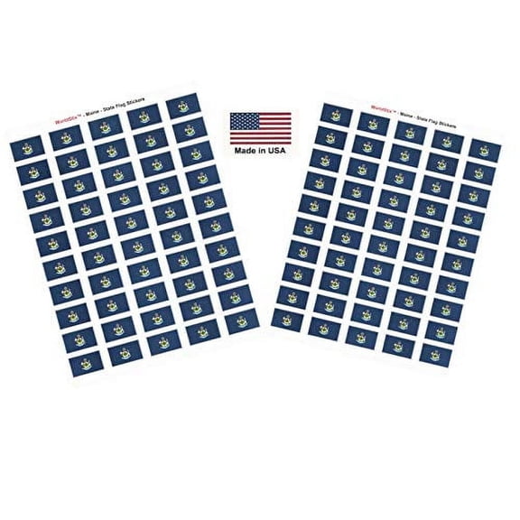 Made in USA! 100 Maine 1.5" x 1" Self Adhesive State Flag Stickers, Two Sheets of 50, 100 Maine Sticker Flags Total