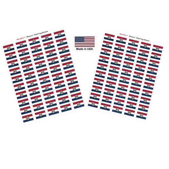 Made in USA! 100 Missouri 1.5" x 1" Self Adhesive State Flag Stickers, Two Sheets of 50, 100 Missouri Sticker Flags Total