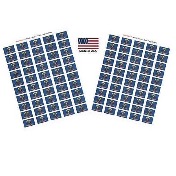 Made in USA! 100 North Dakota 1.5" x 1" Self Adhesive State Flag Stickers, Two Sheets of 50, 100 North Dakota Sticker Flags Total