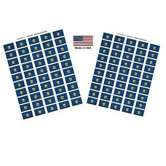 Made in USA! 100 Vermont 1.5" x 1" Self Adhesive State Flag Stickers, Two Sheets of 50, 100 Vermont Sticker Flags Total