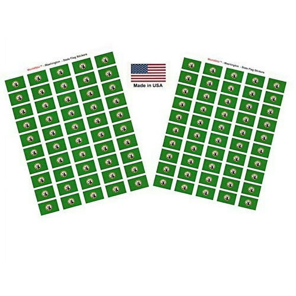 Made in USA! 100 Washington 1.5" x 1" Self Adhesive State Flag Stickers, Two Sheets of 50, 100 Washington Sticker Flags Total