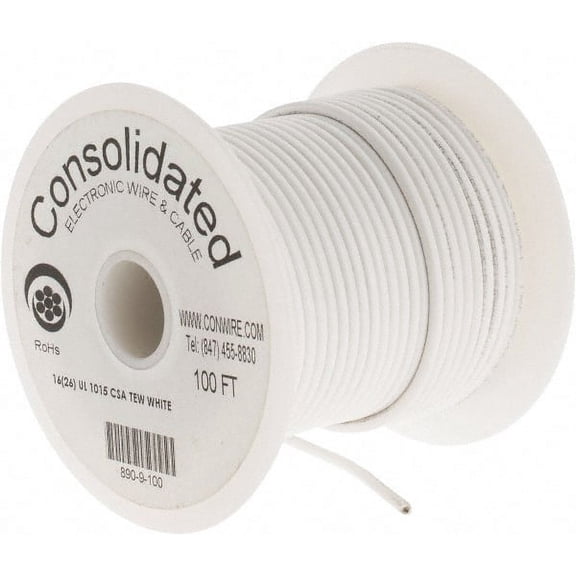 Made in USA 16 AWG, 26 Strand, 100' OAL, Tinned Copper Hook Up Wire White PVC Jacket, 0.117" Diam