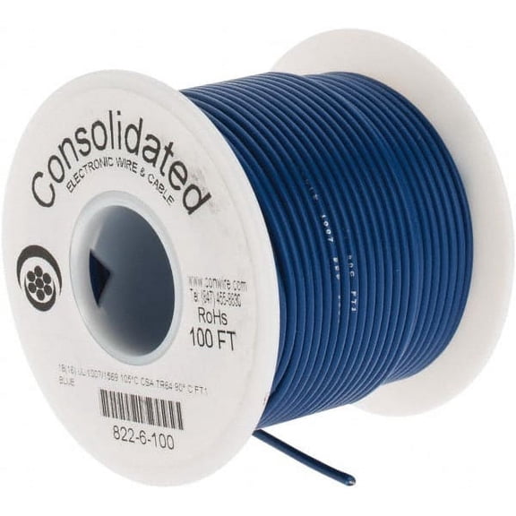 Made in USA 18 AWG, 16 Strand, 100' OAL, Tinned Copper Hook Up Wire Blue PVC Jacket, 0.08" Diam