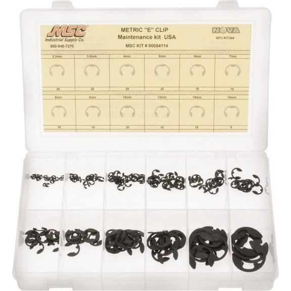 Made in USA 190 Piece, M2.3 to M19, Steel, E Style External Retaining Ring Assortment