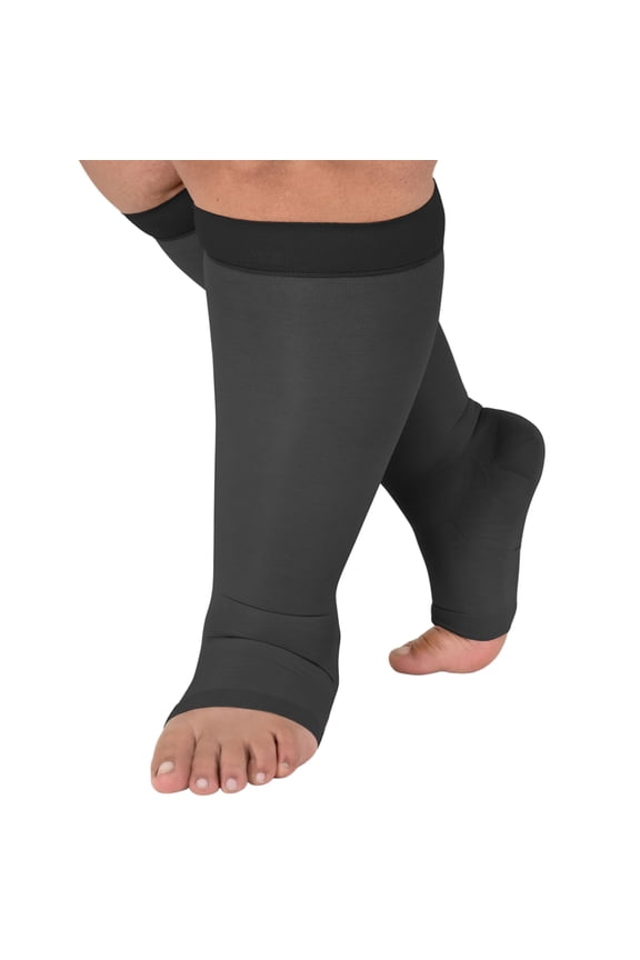 Made in USA Plus Size Toeless Women Support Knee High 15-20mmHg Black, 2X-Large