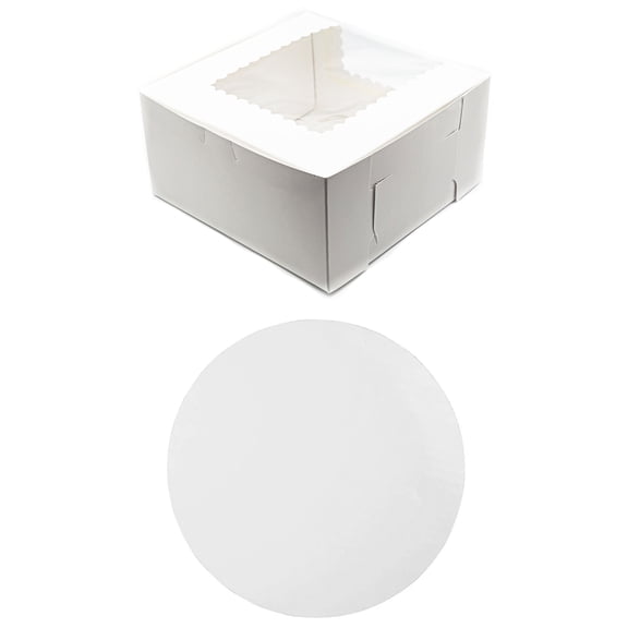 White Kraft Cake Boxes 8" x 8" x 4" with Scalloped Window and 8" Round Cake Boards, Recycled Paper, Front-Loading Bakery Packaging, Pack of 10