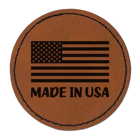 Made in USA America Flag 2.5" Faux Leather Round Engraved Iron-On Patch - Brown