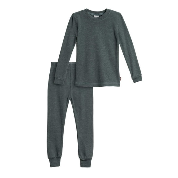 Made in USA Boys Soft Cozy Thermal 2-Piece Long Johns | Charcoal w- Baby Blue Stitch