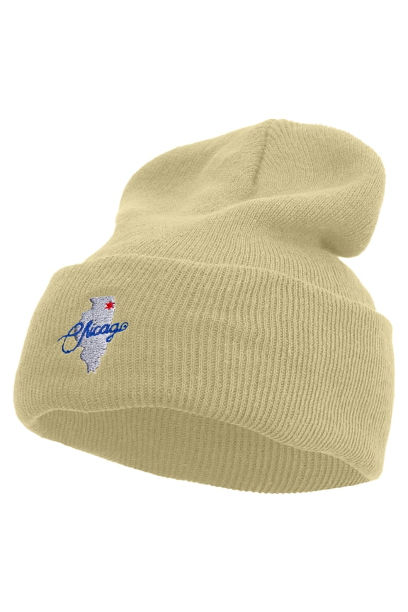 Made in USA Chicago Map Logo Embroidered Stretch ECO Cotton Long Beanie - Beige OSFM