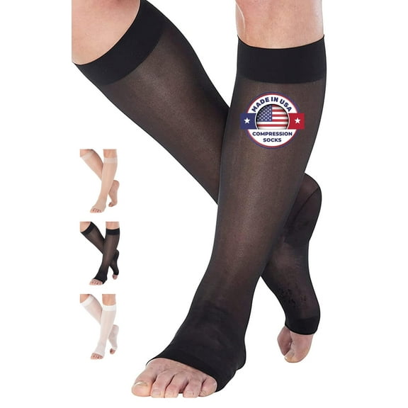 Made in USA Compression Knee High for Women with Open Toe 15-20mmHg Black Large