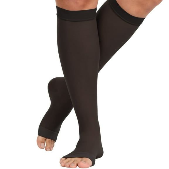 Made in USA Compression Socks for Women 15-20mmHg with Open Toe, Black, X-Large