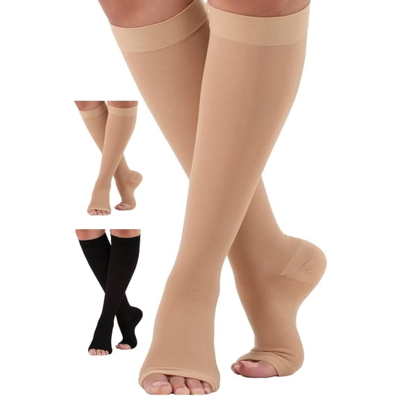Men and Women's Compression Knee High with Open Toe 30-40mmHg Beige, Large