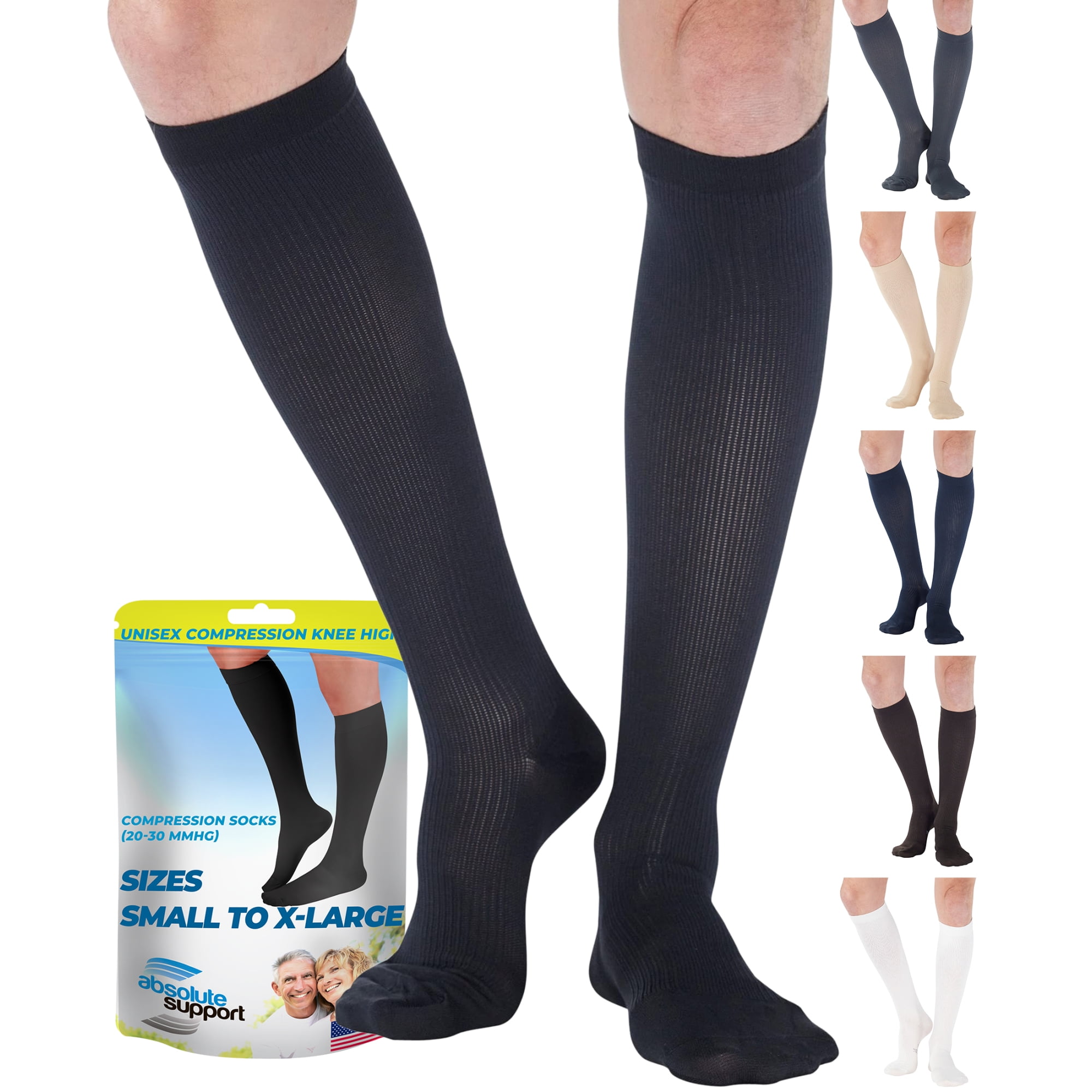 Absolute Support - Made in USA - Size 3X-Large - Sheer Compression Socks  for Women Circulation 15-20 mmHg - Lightweight Long Compression Knee High  Support Stockings for Ladies - Black : : Health & Personal Care