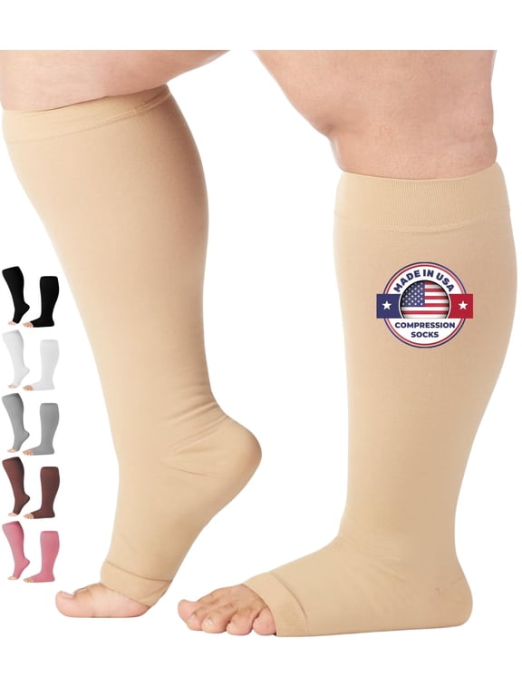 Open Toe Compression Stockings for Men and Women 20-30 mmHg Beige, X-Large