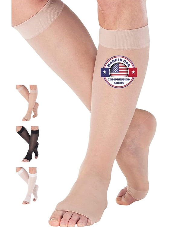 Made in USA Plus Size Support Stockings for Women 15-20mmHg Open Toe, Nude, 2XL