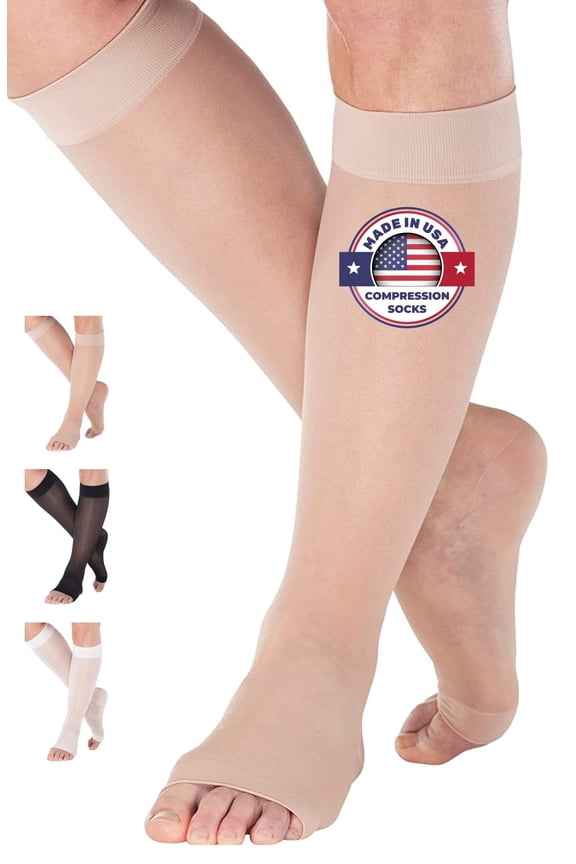 Made in USA Plus Size Support Stockings for Women 15-20mmHg Open Toe, Nude, 2XL