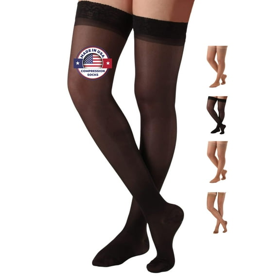 Made in USA - Plus Size Womens Support Thigh High 15-20mmHg - Black, 2X-Large