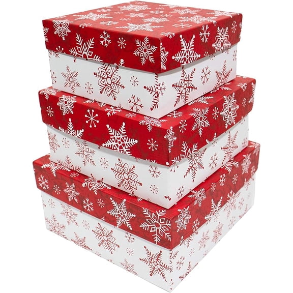 Set of 3 Nested Kraft Paper Boxes with Lids, 6.25", 7.25" & 8.25" – Merry Christmas Snowflakes