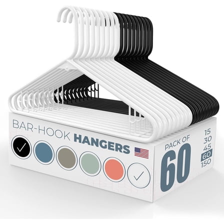 Made in USA Strong Clothes Hangers, 20-100 Pack Available, Heavy Duty Plastic Hanger for Closet and Clothing (60pk White/Black)