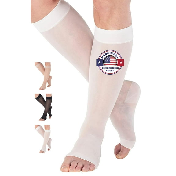 Made in USA - Toeless Compression Socks for Women 15-20mmHg - White, Small