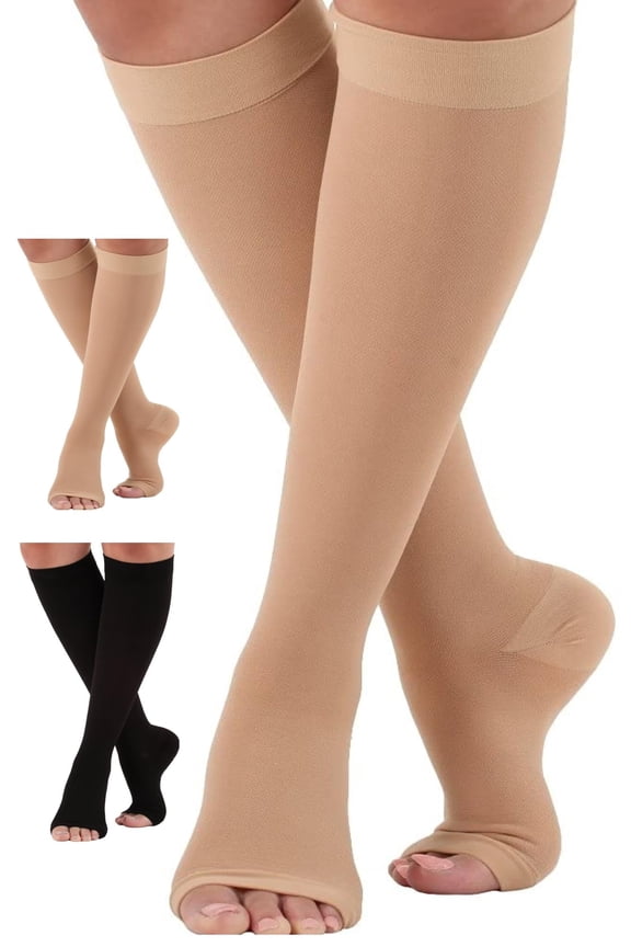 Unisex Graduated Compression Socks 30-40mmHg with Open Toe - Beige, Medium