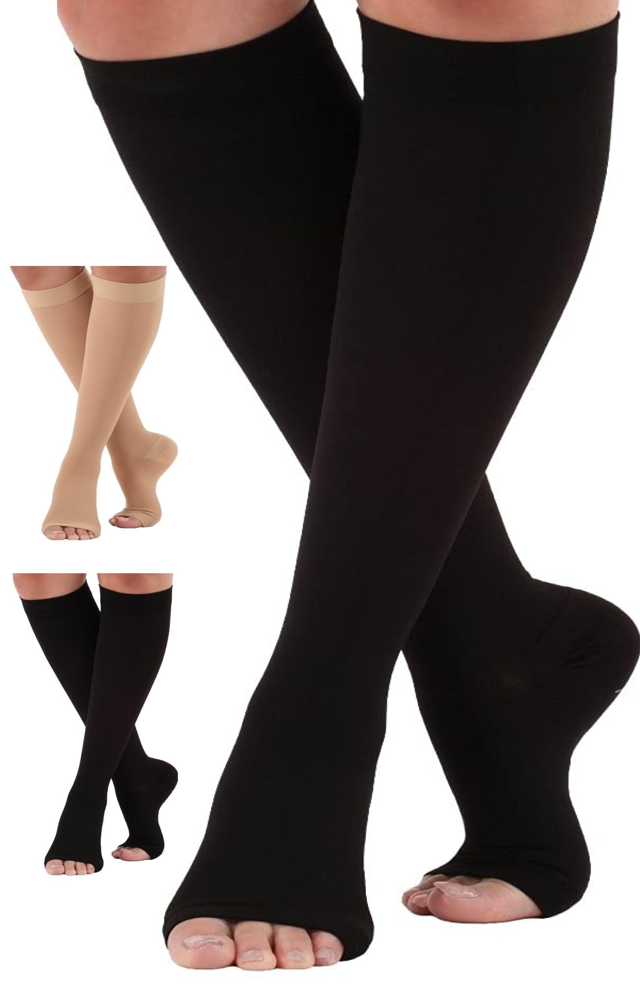 Unisex Graduated Compression Socks 30-40mmHg with Open Toe - Black, Medium
