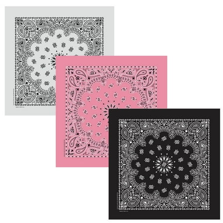 Made in USA Unisex Paisley 100% Cotton Washable & Reusable Multi-Purpose Bandana Head Wrap Multi-Packs, Black / Light Pink / White