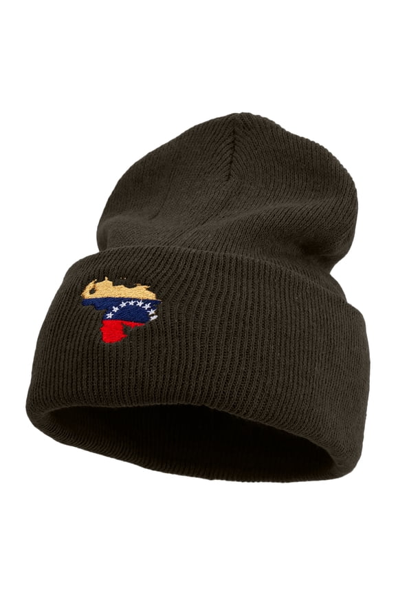 Made in USA Venezuela Flag Map Embroidered Stretch ECO Cotton Long Beanie - Brown OSFM