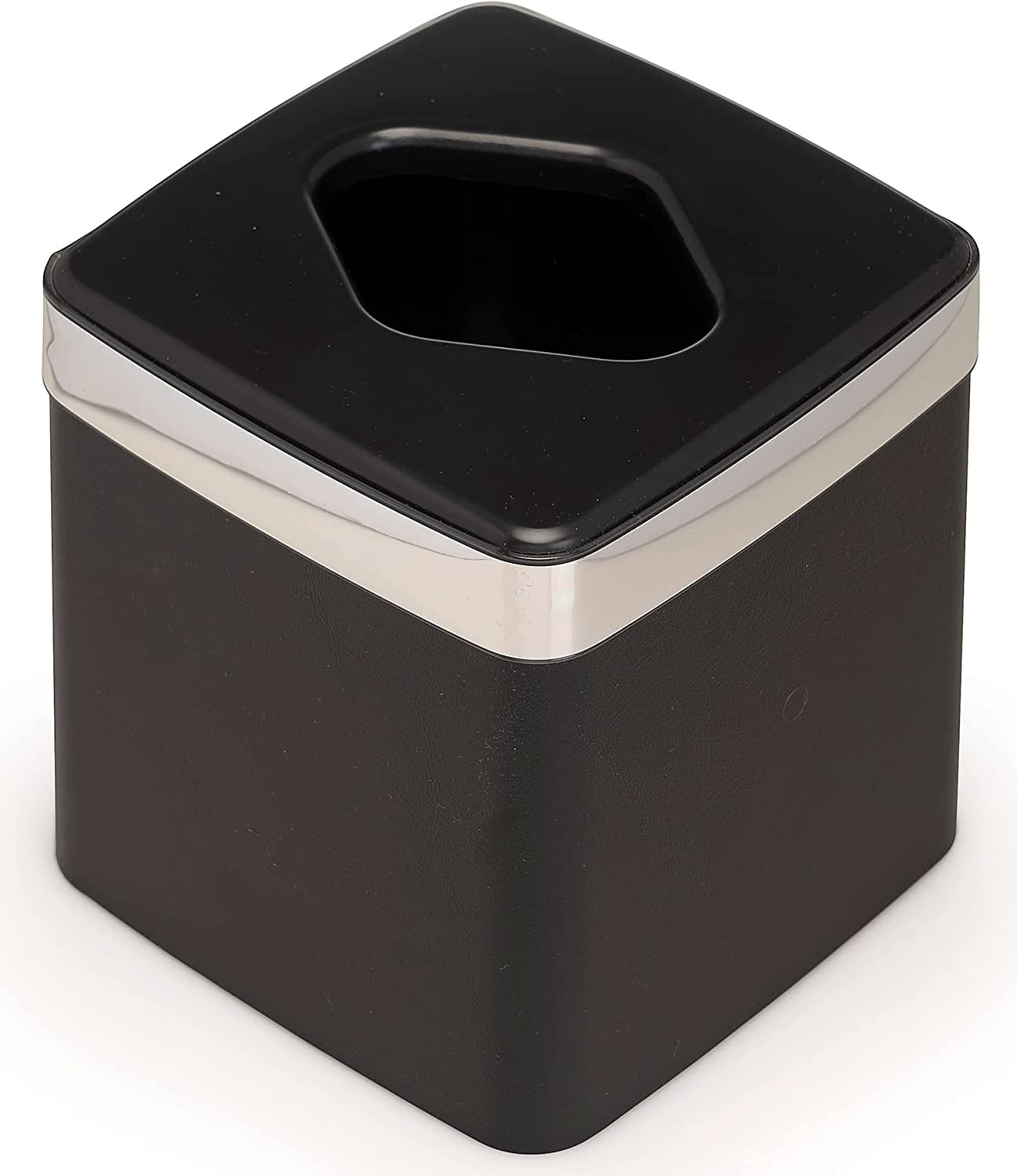 Black Faux Leather Cube Tissue Box Cover with Silver Band