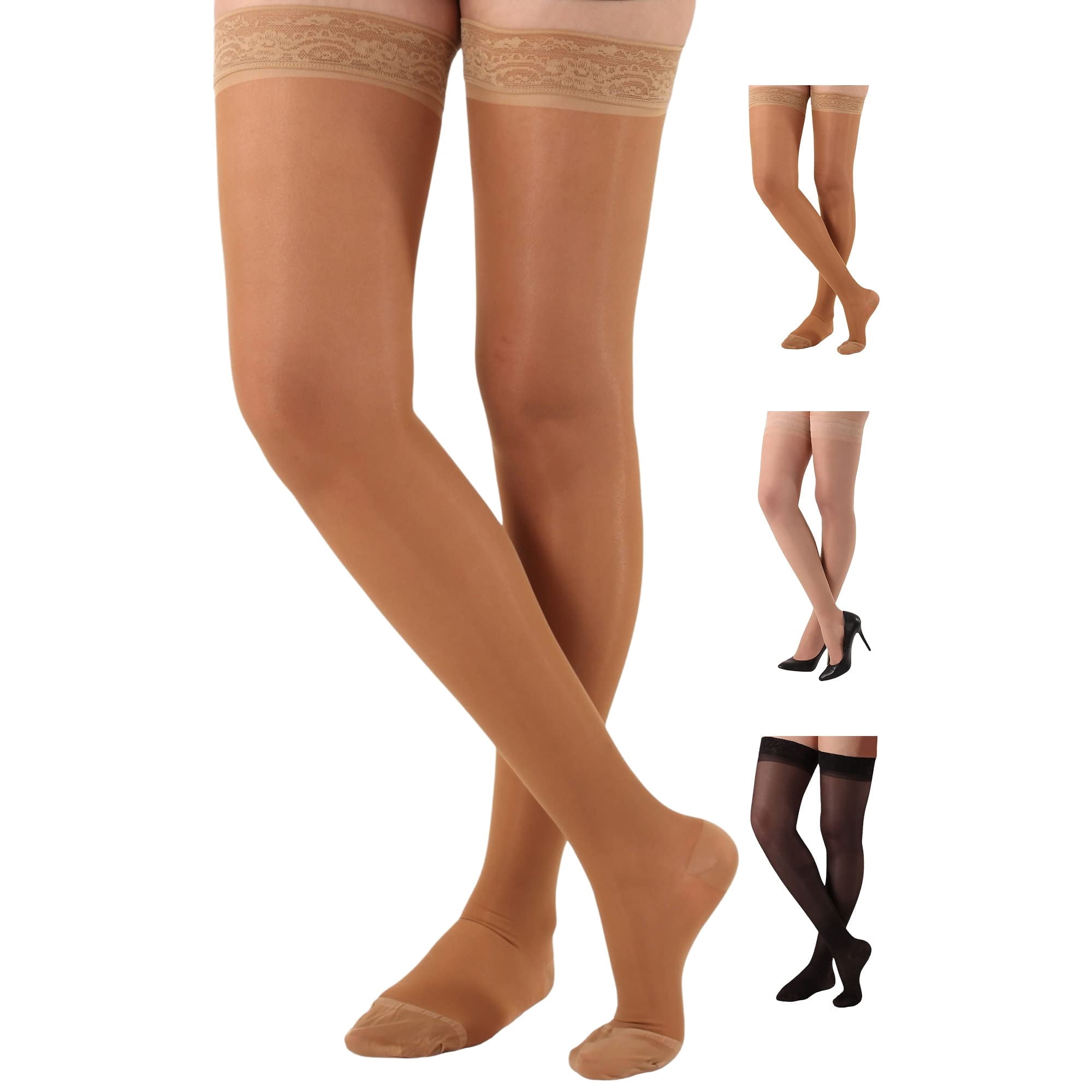 Made in USA Wide Calf Support Thigh High for Women 20-30mmHg Beige 3X-Large