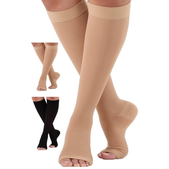 Wide Calf Unisex Open Toe Compression Knee Highs 30-40mmHg Beige, 3X-Large