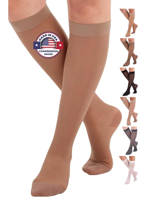Made in USA - Wide Calf Women Compression Socks 15-20mmHg - Beige 2X-Large