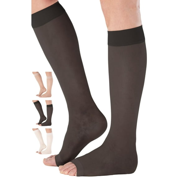 Made in USA - Women Compression Socks 15-20mmHg with Open Toe, Black, Large