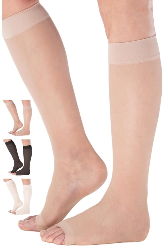 Made in USA - Womens Compression Socks 15-20mmHg with Open Toe, Nude, Large