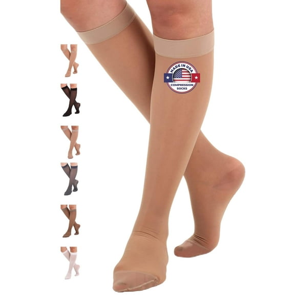 Made in USA - Womens Compression Socks for DVT 15-20mmHg - Natural, Large