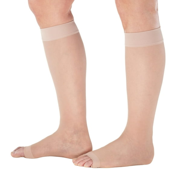 Made in USA - Womens Compression Stockings 15-20mmHg with Open Toe, Nude, Large