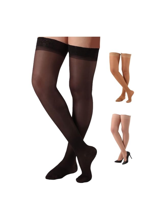 Made in USA Women's Compression Thigh High 20-30mmHg for Edema - Black, XL