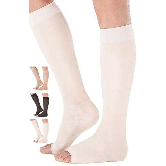 Open Toe Womens Sheer Compression Socks 15-20mmHg for Travel, White, Medium