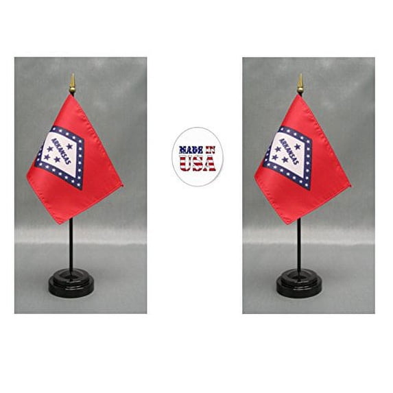 Made in the USA. 2 Arkansas 4"x6" Miniature Desk & Table Flags Includes 2 Flag Stands & 2 Arkansas Small Mini Stick Flags