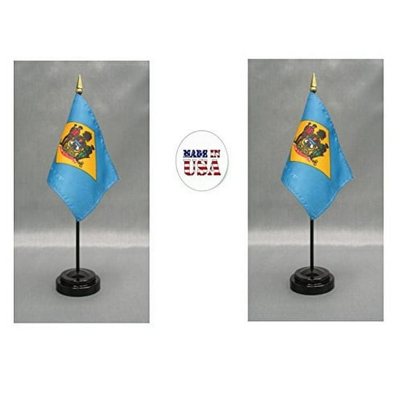 Made in the USA. 2 Delaware 4"x6" Miniature Desk & Table Flags Includes 2 Flag Stands & 2 Delaware Small Mini Stick Flags