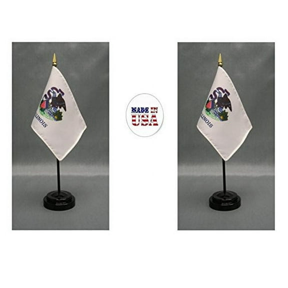 Made in the USA. 2 Illinois 4"x6" Miniature Desk & Table Flags Includes 2 Flag Stands & 2 Illinois State Small Mini Stick Flags