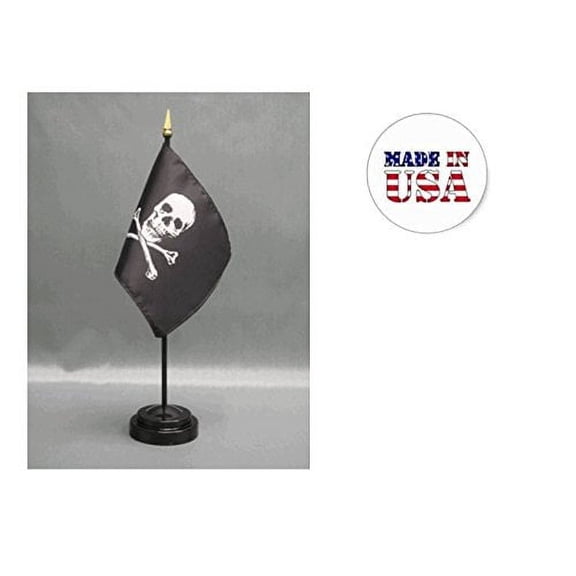 Made in the USA. 2 Jolly Roger Pirate Flag 4"x6" Miniature Desk & Table Flags Includes 2 Flag Stands & 2 Jolly Roger Small Mini Stick Flags